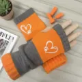 Strick Handschuhe fingerlos orange grau Herbst Winter warme Damen Handschuhe mit Stickerei - Herz Orange
