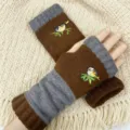 Gesteppte fingerlose Handschuhe braun grau Winter warm Armstulpen mit süsser Vogelbestickung - Vogel Kaffee