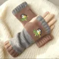 Herbst Winter warme Strick halbe Handschuhe braun grau Spleißen süße Vogel Bestickung - Vogel Khaki