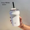 Minimalist ivory white insulated stainless steel coffee tumbler with straw, 420ml - 420ml / Ivory