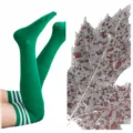 Green over the knee long socks with white stripes, stylish leg wear and leaf pattern design. - Green With White Leaf