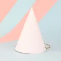 Elegant minimalist light pink cone party hat featuring a durable gold elastic strap - White Hat