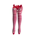 Weihnachten rot weiß gestreifte Kniestrümpfe Oberschenkel High Socken mit Schleife. - Einheitsgröße / Rot-weiße Streifen / Rote Schleife / Bommel