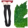 Calze sopra il ginocchio nere da donna, calze lunghe monocolore classiche, morbide e comode. - Nero con Foglie Verdi