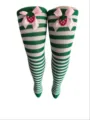 Weihnachten rot grün gestreifte Overknee Socken mit rosa Schleife und Erdbeer Dekoration - Einheitsgröße / Grün-weiße Streifen / Rosa Schleife / Erdbeere