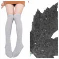 Grey over-the-knee socks with leaf jacquard pattern, comfortable and stylish daily hosiery. - Gray Background with Black Leaves