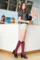 Japanese style women knee high socks pink black striped fashion hosiery for spring summer wear. - One Size / Rose Red Thin Strips