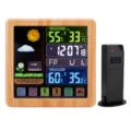 Color screen weather forecast clock with wireless outdoor sensor, indoor outdoor hygrometer. - Wood Grain
