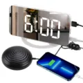 LED digital mirror alarm clock with bed shaker and USB phone charger for heavy sleepers - White
