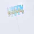 Blauw verloop Happy Birthday taarttopper met gouden glittertekst voor verjaardagen - Gradient Style (0206) / Hemelsblauw