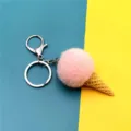 Cute pink plush faux fur ice cream cone keychain with silver metal ring for bags and keys - Single OPP Bag Packaging / Pink