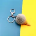 Cute grey plush ice cream cone keychain with silver metal lobster clasp and ring - Single OPP Bag Packaging / Green