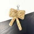 Fashionable leopard print plush bow keychain with silver metal clasp for bag charm decoration - Yellow