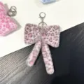 Stylish pink leopard print plush bow keychain with silver clasp for girls bag charms - Deep Pink