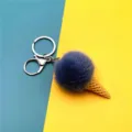 Adorable ice cream cone keychain featuring a soft blue faux fur pom pom for bag decoration - Single OPP Bag Packaging / Haze Blue