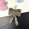 Stylish brown leopard print plush bow keychain with silver metal clip for bag decor - Khaki