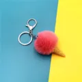 Cute pink plush pompom ice cream cone keychain with durable metal ring and lobster clasp - Single OPP Bag Packaging / Rose Red