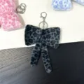Cute grey leopard print plush bow keychain charm for stylish bag decoration and accessories - Dark Gray