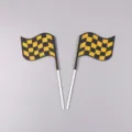Twee racewagen vlag cake toppers met hoogwaardige zwart en gouden glitter afwerking - Set van 2 / Zwart en Goud-Klein