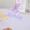 Purple Happy Birthday cake topper with glitter bunny ears and silver bow decoration - Purple