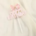 Topper per torta Happy Birthday con fiocco rosa macaron per decorazioni di feste - Topper Happy Birthday Fiocco / Rosa chiaro