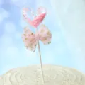 Elegant pink heart glitter cake topper with mesh bow for birthday party decoration - Pink Heart With Sequin Bow