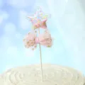 Star-shaped cake topper with pink mesh bow and colorful sequins for birthday decor - Multicolor Star With Sequin Bow