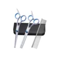 Professional pet grooming scissor set with curved scissors, thinning shear, and metal comb. - Set