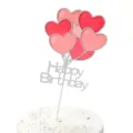 Pink and red heart balloon cake topper with silver glitter Happy Birthday text - HAPPY BIRTHDAY Style / Silver