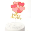 Glittery gold Happy Birthday cake topper featuring pink heart balloon decorations - HAPPY BIRTHDAY Style / Gold