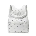 Vue détaillée du sac à dos pour animal de compagnie à pois avec dessus en filet respirant. - Sac pour animaux à pois blancs