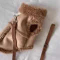 Brown pet winter warm vest with fleece collar and leash ring for small dogs and cats detail. - XS / Suede Vests [Leash Not Included] - Brown