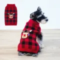 Pull pour chien à carreaux rouge et noir avec broderie de renne pour petits chiens hiver - XL / Pull à carreaux renne de Noël pour animaux