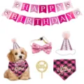 Kit d'anniversaire pour animal avec bandana à carreaux rose et chapeau à sequins. - Fête d'anniversaire - Ensemble de 5 nœuds papillon - Rose
