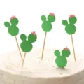 Groene cactus taarttoppers met roze bloemen voor themafeest en dessertdecoratie - Cactusbal Stijl / Set van 5 / Groen