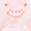 Roze Happy Birthday banner taarttopper met gouden glittersterren voor feestdecoratie - HB Banner / Lichtroze