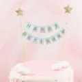 Glinsterende gouden Happy Birthday taarttopper met sterren voor een elegante feestversiering - HB Banner / Lichtblauw