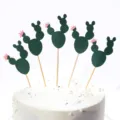 Set van vijf groene cactusvormige taarttoppers met roze bloemen voor taartdecoratie - Cactusstijl / Set van 5 / Donkergroen