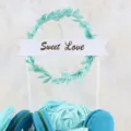 Mint green leaf wreath cake topper with golden Sweet Love banner for party decoration - Light Blue Leaf Sweet Love
