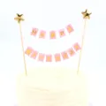 Roze Happy Birthday vlaggetjes taarttopper met gouden sterren party variant decor - HB Bronzing Banner / Roze