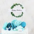 Forest style green leaf wreath cake topper with Happy Birthday banner for party - Green Leaf Happy Birthday