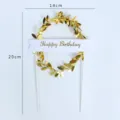 Elegant golden leaf wreath cake topper featuring a Happy Birthday banner, size 14x20cm - Gold Leaf Happy Birthday