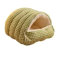 Detailed view of cozy green plaid pet cave bed featuring soft fleece lining interior - Enclosed Pet Bed - Green Plaid