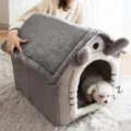 Détail douillet de maison pour animal, tissu gris doux et bordure pour chats chiens. - M / Oreilles grises