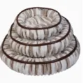 Vue detaillee du lit pour animal de compagnie rond raye emboitable en peluche bordure marron. - Rond / 70cm / Rayé Brun et Blanc