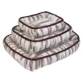 Vue détaillée de lits pour animaux rayés marron et blanc emboîtés avec une peluche douce. - Carré / 50x40x18cm / Rayé Brun et Blanc