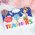 Colorful Teacher's Day greeting card with gold foil lettering and cartoon motifs - Interstellar Flight Style (652#-2)