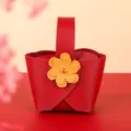 Elegant red leather wedding candy favor bag with yellow flower decoration for guests - Red