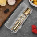 Portable gold stainless steel chopsticks and spoon set in a clear plastic travel case. - Spoon Chopsticks Set (Gold Large)