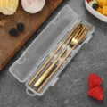 Portable 3-piece gold stainless steel cutlery set with spoon fork and chopsticks in case - Spoon Fork Chopsticks Set (Gold Large)